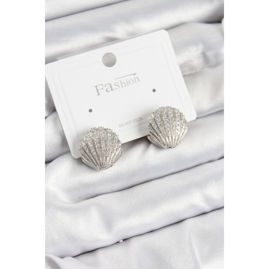 Pirinç Zirkon Taşlı İstiridye Model Gümüş Renk 925 Ayar Gümüş Çivi Kadın Küpe - TJ-BKP10973