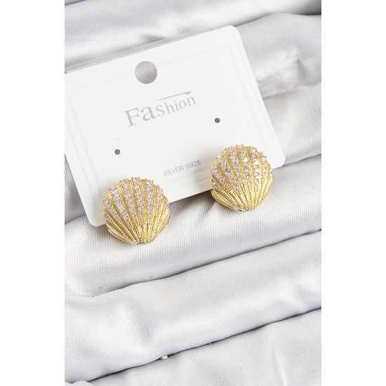 Pirinç Zirkon Taşlı İstiridye Model Gold Renk 925 Ayar Gümüş Çivi Kadın Küpe - TJ-BKP10974