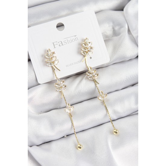 Pirinç Zirkon Taşlı Sallantılı  Model Gold Renk 925 Ayar Gümüş Çivi Kadın Küpe - TJ-BKP10976