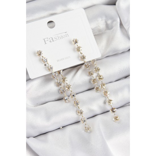 Pirinç Zirkon Taşlı Sallantılı  Model Gold Renk 925 Ayar Gümüş Çivi Kadın Küpe - TJ-BKP10978