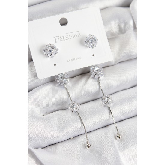 Pirinç Zirkon Taşlı Sallantılı  Model Gümüş Renk 925 Ayar Gümüş Çivi Kadın Küpe - TJ-BKP10979