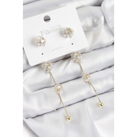 Pirinç Zirkon Taşlı Sallantılı  Model Gold Renk 925 Ayar Gümüş Çivi Kadın Küpe - TJ-BKP10980