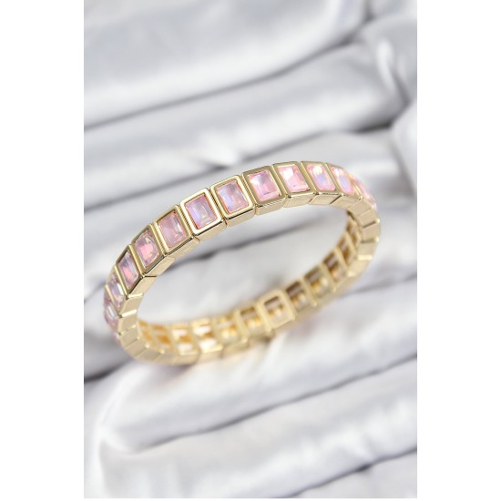 Pirinç Pembe Zirkon Taşlı Dikdörtgen Model Gold Renk Lastikli Kadın Bileklik - TJ-BB7491