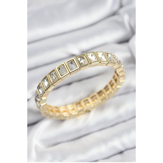 Pirinç Zirkon Taşlı Dikdörtgen Model Gold Renk Lastikli Kadın Bileklik - TJ-BB7492