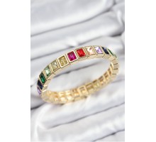 Pirinç Karışık Zirkon Taşlı Dikdörtgen Model Gold Renk Lastikli Kadın Bileklik - TJ-BB7493