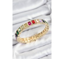 Pirinç Karışık Zirkon Taşlı Dikdörtgen Model Gold Renk Lastikli Kadın Bileklik - TJ-BB7493