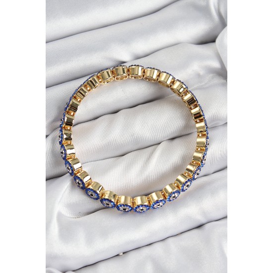 Pirinç Zirkon Taşlı Lacivert Nazar Model Gold Renk Lastikli Kadın Bileklik - TJ-BB7495