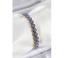 Pirinç Zirkon Taşlı Lacivert Nazar Model Gold Renk Lastikli Kadın Bileklik - TJ-BB7495