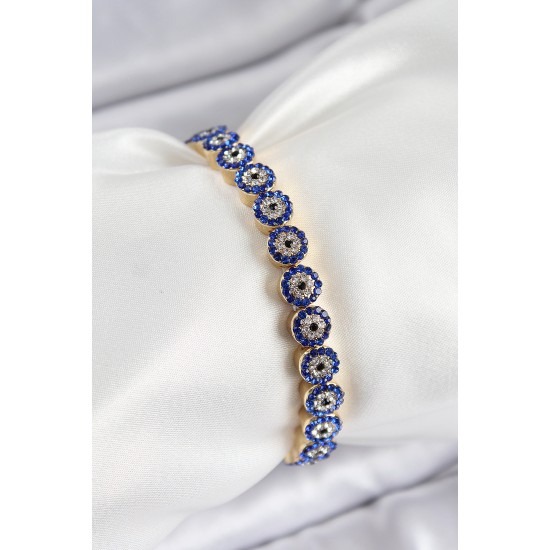 Pirinç Zirkon Taşlı Lacivert Nazar Model Gold Renk Lastikli Kadın Bileklik - TJ-BB7495
