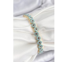 Pirinç Zirkon Taşlı Turkuaz Nazar Model Gold Renk Lastikli Kadın Bileklik - TJ-BB7496