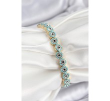 Pirinç Zirkon Taşlı Turkuaz Nazar Model Gold Renk Lastikli Kadın Bileklik - TJ-BB7496