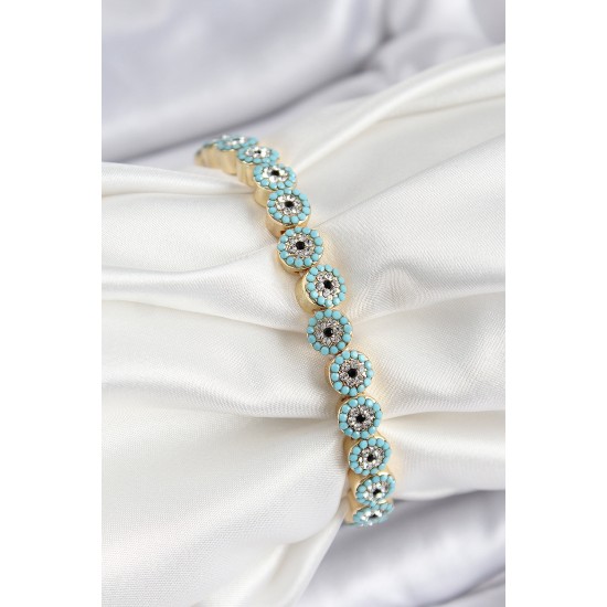 Pirinç Zirkon Taşlı Turkuaz Nazar Model Gold Renk Lastikli Kadın Bileklik - TJ-BB7496