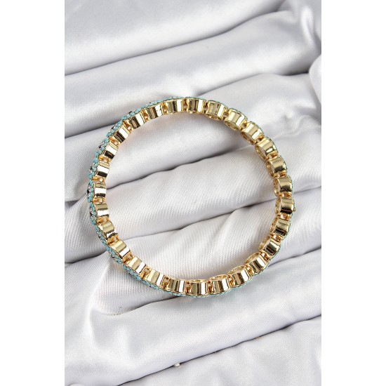 Pirinç Zirkon Taşlı Turkuaz Nazar Model Gold Renk Lastikli Kadın Bileklik - TJ-BB7496