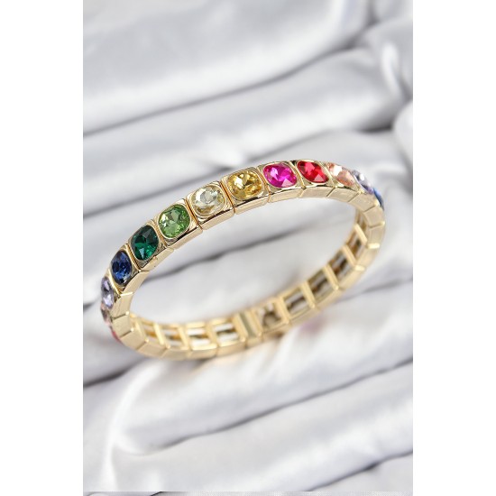 Pirinç Karışık Zirkon Taşlı Kare Model Gold Renk Lastikli Kadın Bileklik - TJ-BB7498