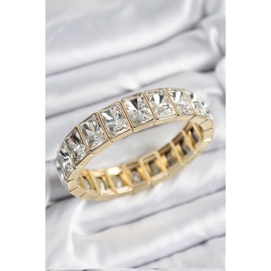 Pirinç Zirkon Taşlı Büyük Dikdörtgen Model Gold Renk Lastikli Kadın Bileklik - TJ-BB7500