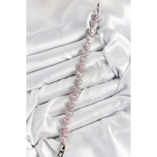 Pirinç Zirkon Taşlı Pembe Kalp Baget Model Gümüş Renk VIP Seri Kadın Bileklik - TJ-BB7501