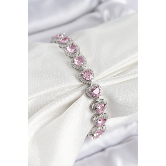 Pirinç Zirkon Taşlı Pembe Kalp Baget Model Gümüş Renk VIP Seri Kadın Bileklik - TJ-BB7501