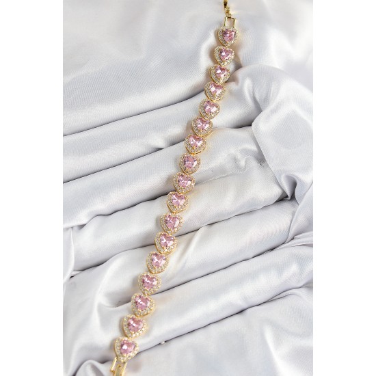 Pirinç Zirkon Taşlı Pembe Kalp Baget Model Gold Renk VIP Seri Kadın Bileklik - TJ-BB7502