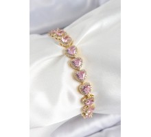 Pirinç Zirkon Taşlı Pembe Kalp Baget Model Gold Renk VIP Seri Kadın Bileklik - TJ-BB7502