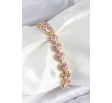 Pirinç Zirkon Taşlı Pembe Kalp Baget Model Gold Renk VIP Seri Kadın Bileklik - TJ-BB7502