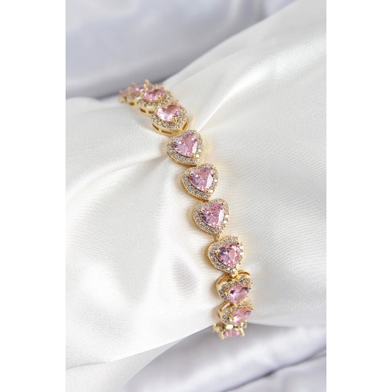 Pirinç Zirkon Taşlı Pembe Kalp Baget Model Gold Renk VIP Seri Kadın Bileklik - TJ-BB7502