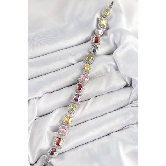 Pirinç Karışık Zirkon Taşlı Baget Model Gümüş Renk VIP Seri Kadın Bileklik - TJ-BB7503