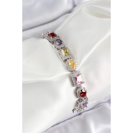 Pirinç Karışık Zirkon Taşlı Baget Model Gümüş Renk VIP Seri Kadın Bileklik - TJ-BB7503