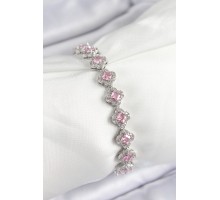 Pirinç Zirkon Taşlı Pembe Yonca Baget Model Gümüş Renk VIP Seri Kadın Bileklik - TJ-BB7505