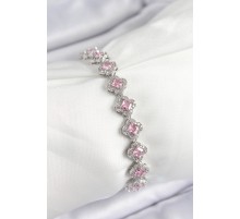 Pirinç Zirkon Taşlı Pembe Yonca Baget Model Gümüş Renk VIP Seri Kadın Bileklik - TJ-BB7505