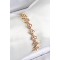 Pirinç Zirkon Taşlı Pembe Yonca Baget Model Gold Renk VIP Seri Kadın Bileklik TJ-BB7506