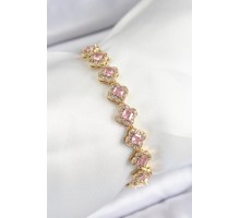 Pirinç Zirkon Taşlı Pembe Yonca Baget Model Gold Renk VIP Seri Kadın Bileklik - TJ-BB7506