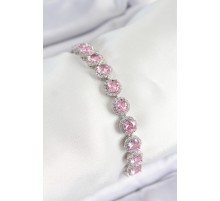 Pirinç Pembe Zirkon Taşlı Daire Baget Model Gümüş Renk VIP Seri Kadın Bileklik - TJ-BB7511