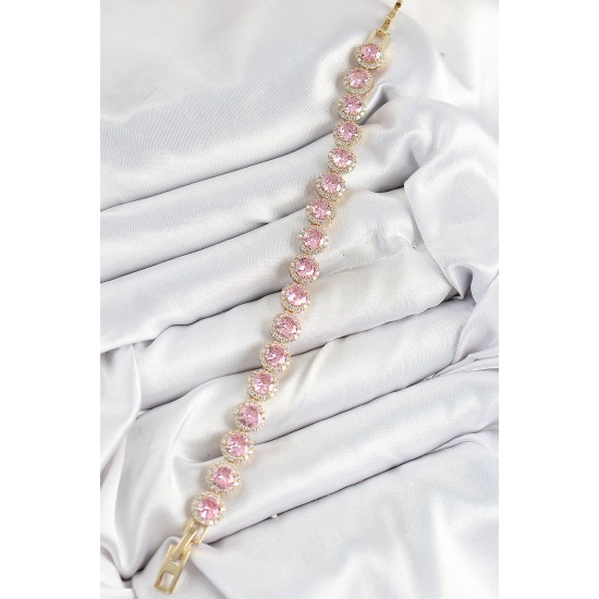 Pirinç Pembe Zirkon Taşlı Daire Baget Model Gold Renk VIP Seri Kadın Bileklik - TJ-BB7512