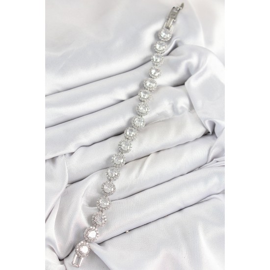 Pirinç Zirkon Taşlı Daire Baget Model Gümüş Renk VIP Seri Kadın Bileklik - TJ-BB7513