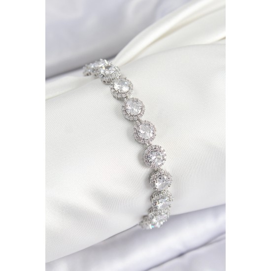 Pirinç Zirkon Taşlı Daire Baget Model Gümüş Renk VIP Seri Kadın Bileklik - TJ-BB7513