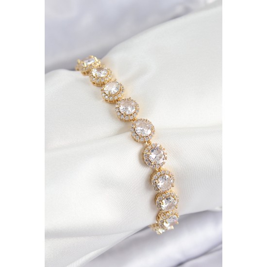 Pirinç Zirkon Taşlı Daire Baget Model Gold Renk VIP Seri Kadın Bileklik - TJ-BB7514