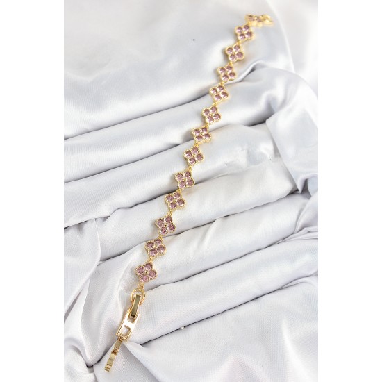 Pirinç Pembe Zirkon Taşlı Yonca Model Gold Renk VIP Seri Kadın Bileklik - TJ-BB7515