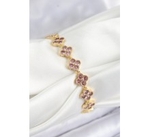Pirinç Pembe Zirkon Taşlı Yonca Model Gold Renk VIP Seri Kadın Bileklik - TJ-BB7515