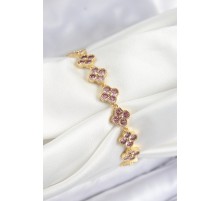 Pirinç Pembe Zirkon Taşlı Yonca Model Gold Renk VIP Seri Kadın Bileklik - TJ-BB7515