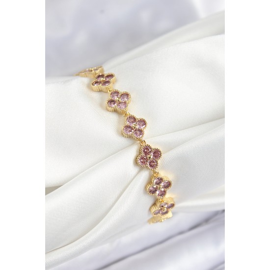 Pirinç Pembe Zirkon Taşlı Yonca Model Gold Renk VIP Seri Kadın Bileklik - TJ-BB7515