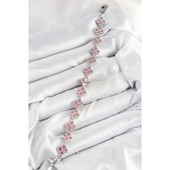 Pirinç Pembe Zirkon Taşlı Yonca Model Gümüş Renk VIP Seri Kadın Bileklik - TJ-BB7516