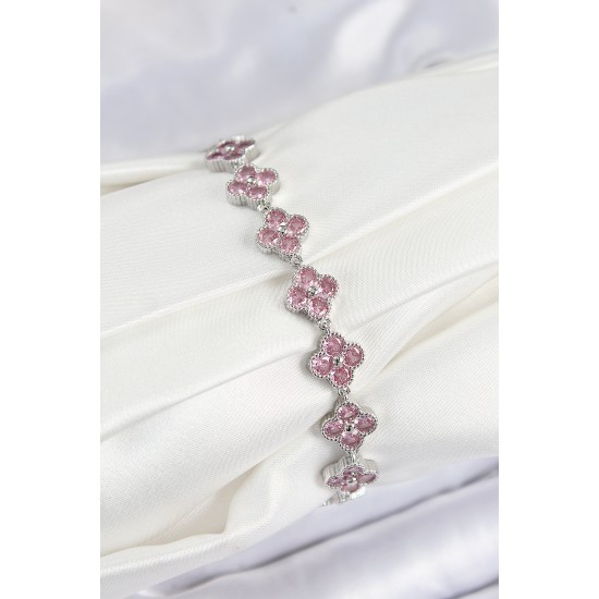 Pirinç Pembe Zirkon Taşlı Yonca Model Gümüş Renk VIP Seri Kadın Bileklik - TJ-BB7516