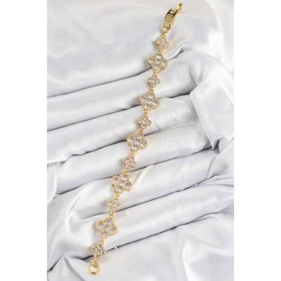 Pirinç Zirkon Taşlı Yonca Model Gold Renk VIP Seri Kadın Bileklik - TJ-BB7520