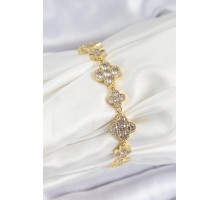 Pirinç Zirkon Taşlı Yonca Model Gold Renk VIP Seri Kadın Bileklik - TJ-BB7520