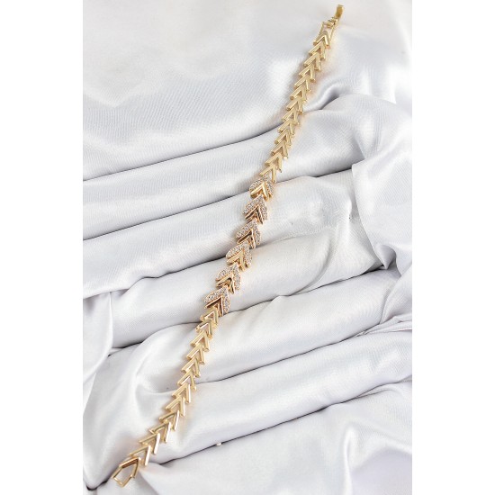 Pirinç Zirkon Taşlı Sıralı Ok Model Gold Renk Kadın Bileklik - TJ-BB7525