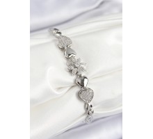 Pirinç Zirkon Taşlı Kalp Detaylı Çiçek Model Gümüş Renk Kadın Bileklik - TJ-BB7528