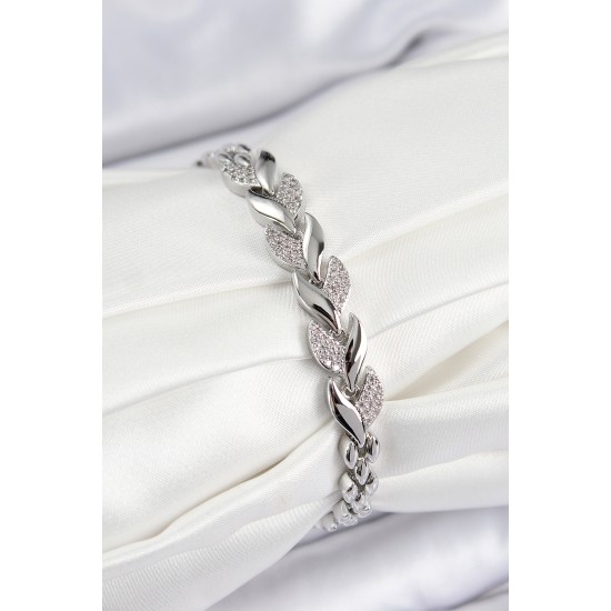 Pirinç Zirkon Taşlı Balık Kuyruğu Model Gümüş Renk Kadın Bileklik - TJ-BB7530