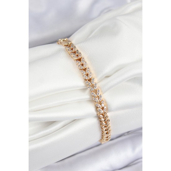 Pirinç Zirkon Taşlı Sıralı Yaprak Model Gold Renk Kadın Bileklik - TJ-BB7531