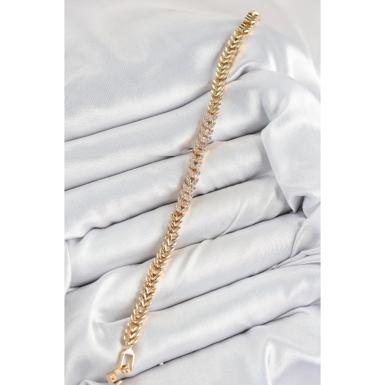 Pirinç Zirkon Taşlı Sıralı Yaprak Model Gold Renk Kadın Bileklik - TJ-BB7531