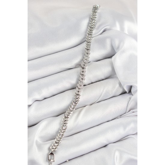 Pirinç Zirkon Taşlı Sıralı Yaprak Model Gümüş Renk Kadın Bileklik - TJ-BB7532